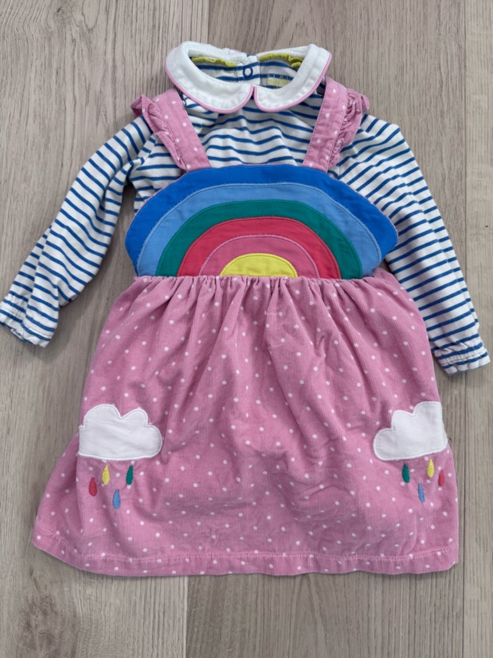 Baby Boden Pink Polka Dot Rainbow Pinafore Dress with Striped Tee